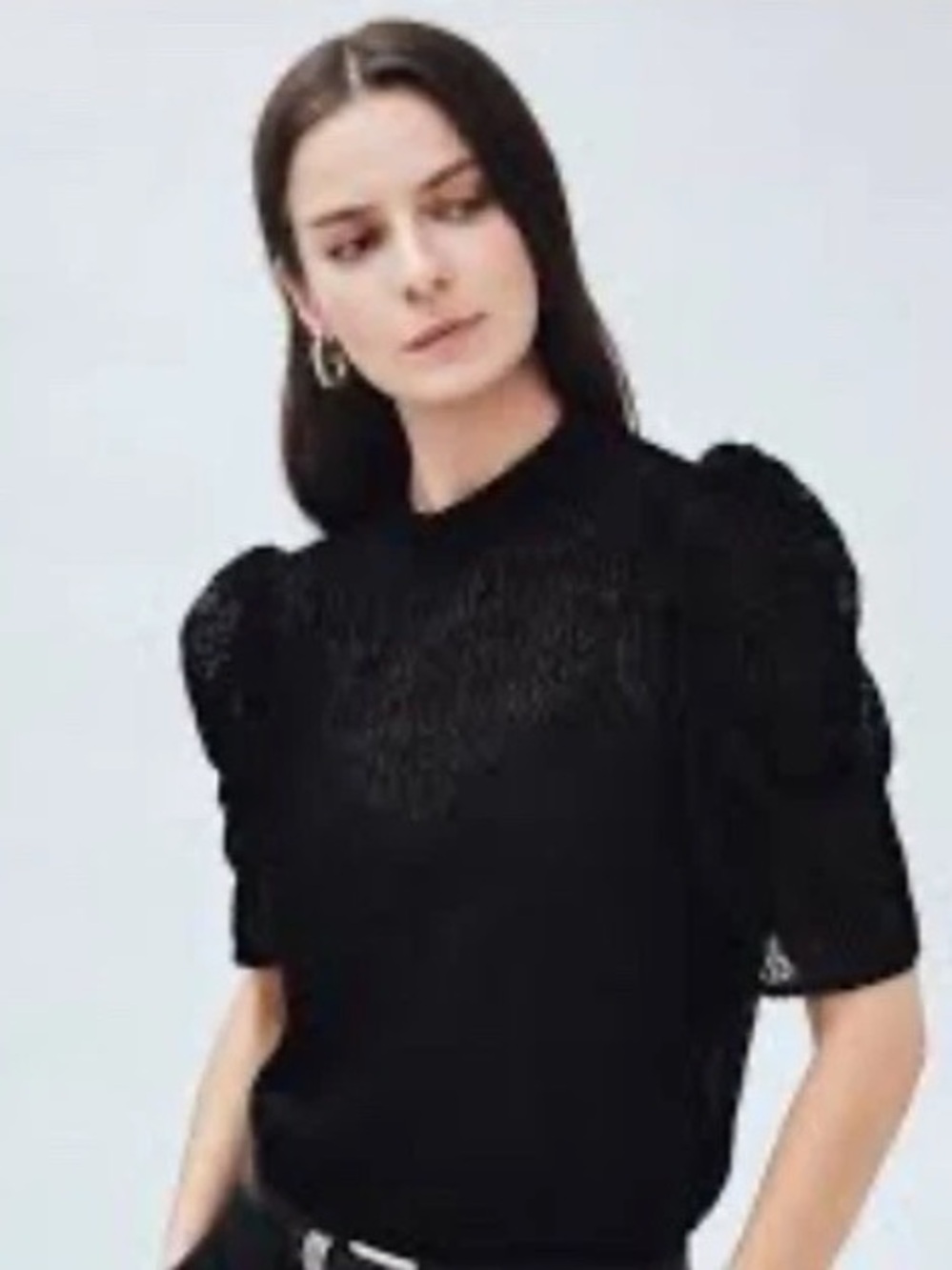 Mayson the Label M Black Mock Short Puff Sleeve Textured Blouse Semi Sheer Luxe.